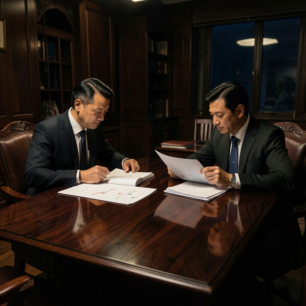 Consultants reviewing printed branch performance charts at a dark wood table
