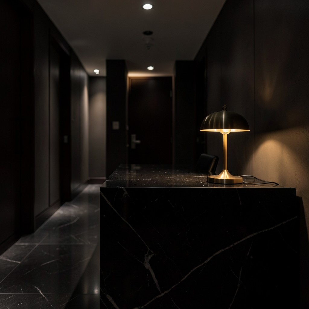 Reception desk in a dark luxury Bangkok consulting office