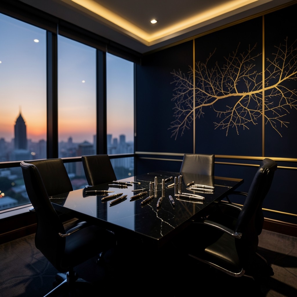 Meeting room overlooking Bangkok with printed branch maps on the table