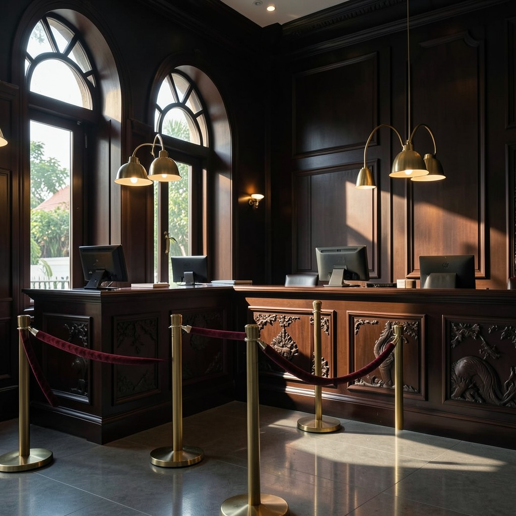 Quiet Bangkok bank branch floor with teller counters and soft afternoon light